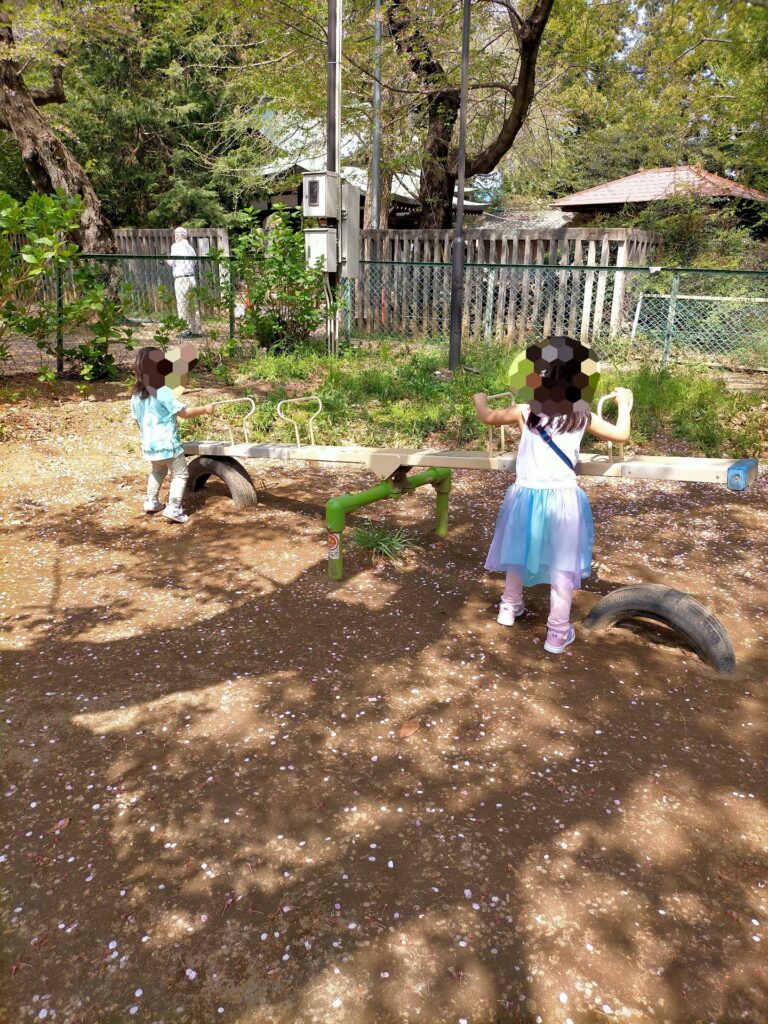 シーソーで遊ぶ４歳児の娘と２歳児の娘を撮影した写真
